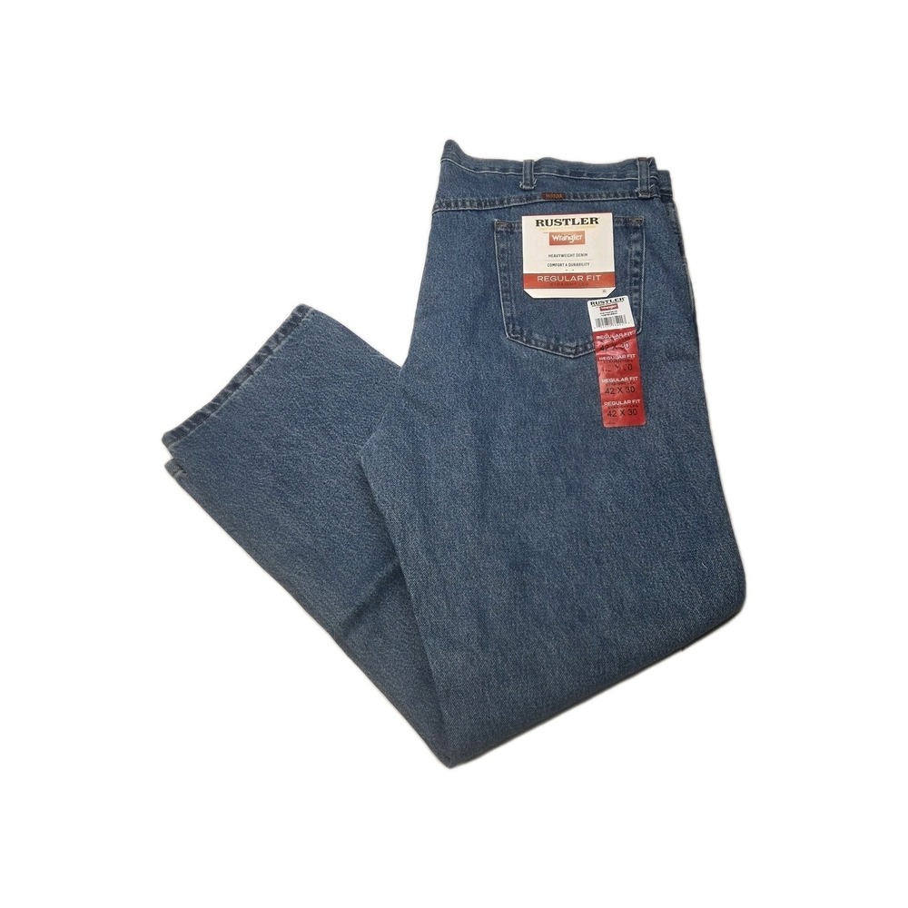 Rustler Jeans Men's 42x30 Denim Regular Fit Straight Leg Blue Wash Heavy Weight